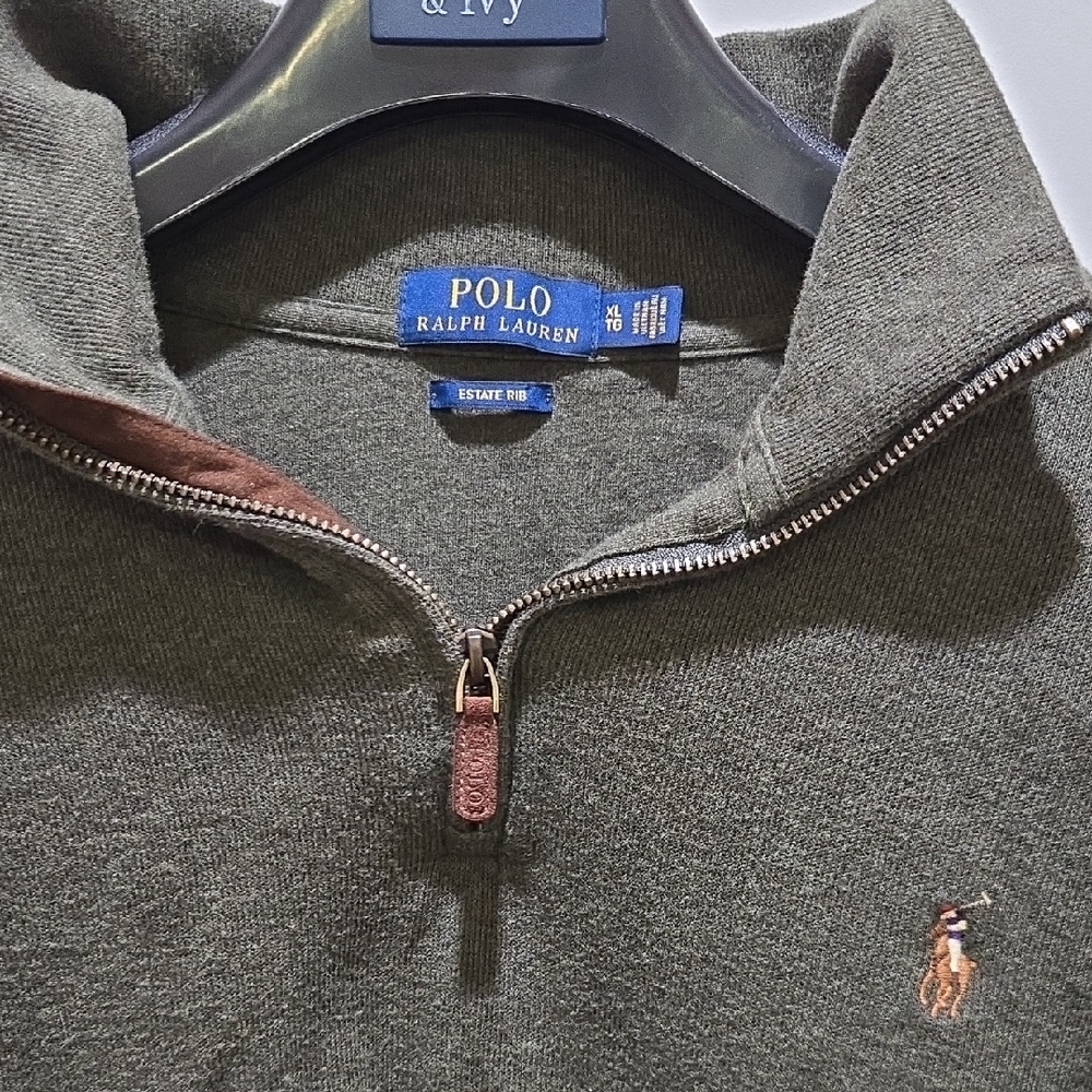 Polo by Ralph Lauren Men's Olive Green Quarter-Zip Sweater with Pony Logo